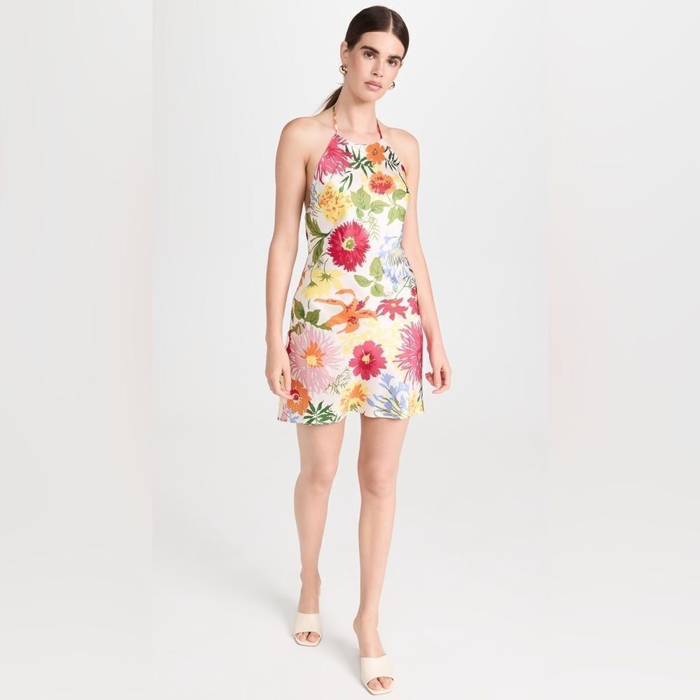 REFORMATION NWT Jennis Floral Silk Halter Mini Dress Low Back String Tie Large